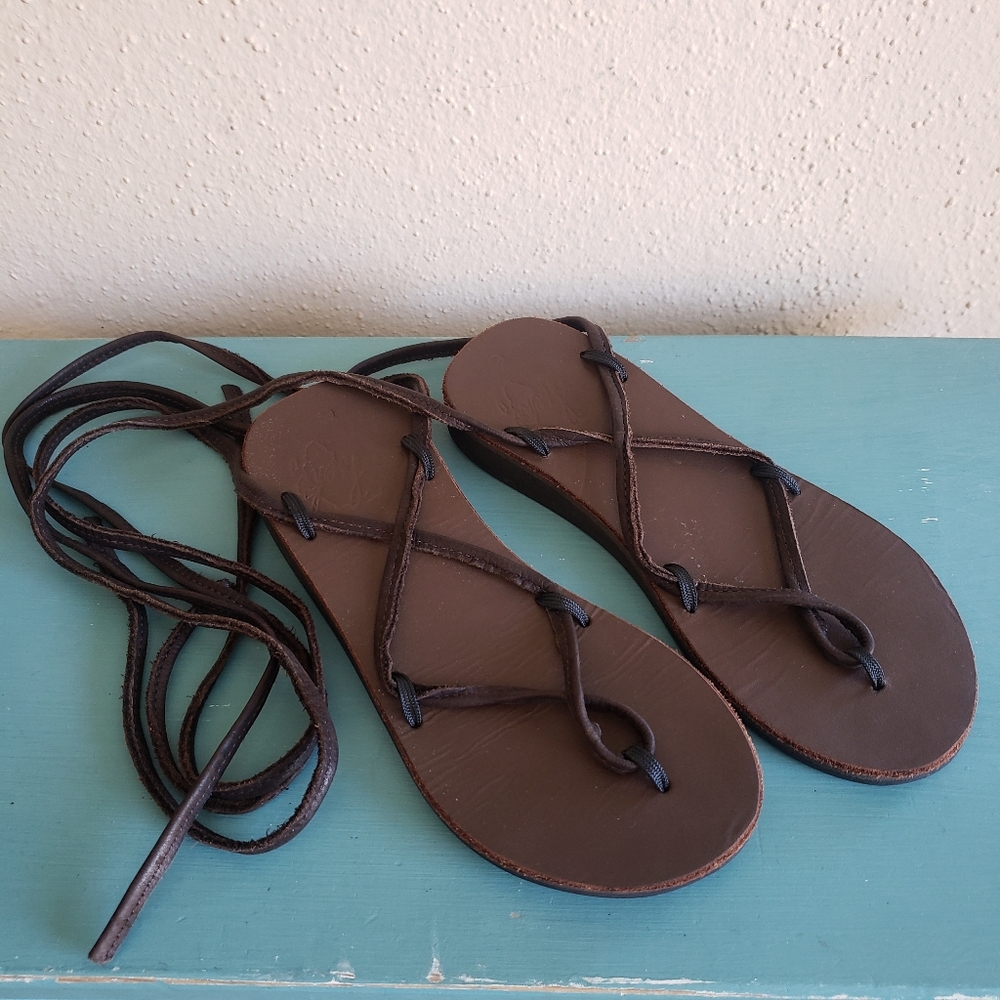 Sseko Leather Gladiator Sandals Espresso Brown 6 Boho Festival Peasant Hippie